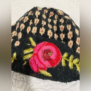 Black and Beige Knit Wool Beanie wthi Floral Design
